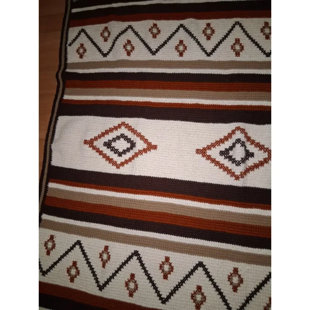 Vintage Crocheted Blanket Aztec Southwestern Grannycore 82x58